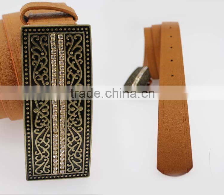 2015 Vintage Style women's fashoion brand PU belt with shiny rhinestone BIG buckle