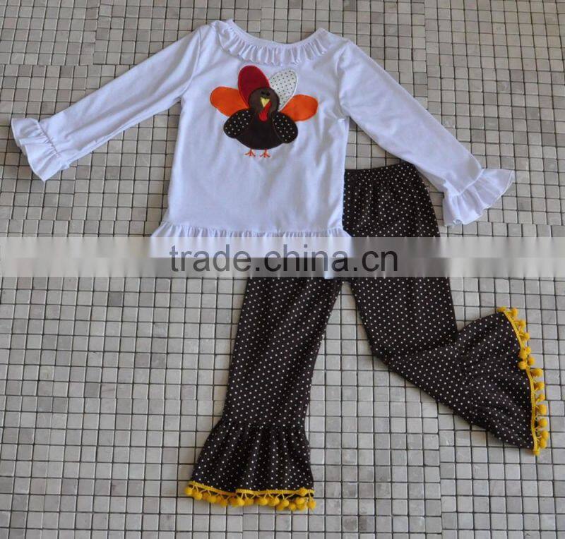 Wholesale childrens boutique clothing turkey embroidery ruffle baby girls thanksgiving outfits
