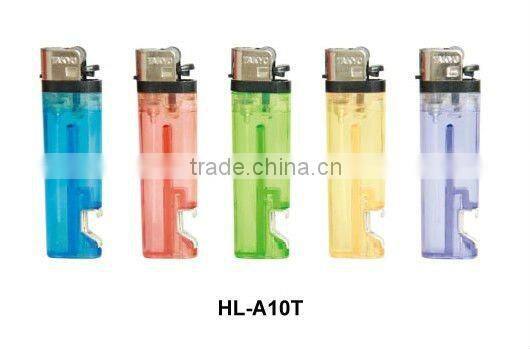 transparent plastic flint lighter with beer opener