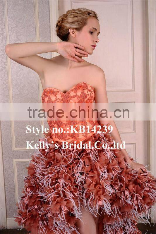 2015 sophisticated bead bodice flowers colored short wedding dress with long tail