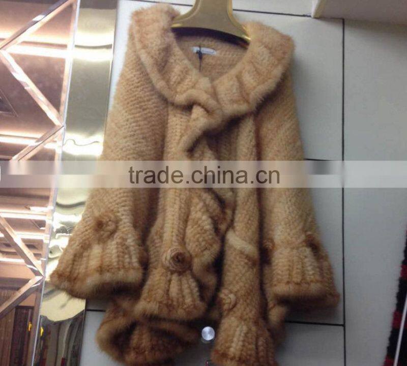 Luxury lady's knitted mink fur cape with flower/wholesale and retail
