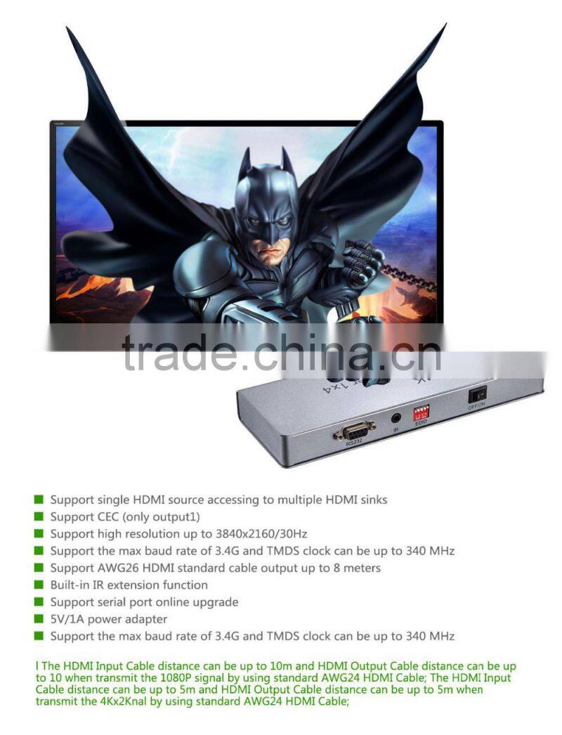 VOXLINK 4K HDMI splitter 1x4 (HDMI 1.4,HDCP1.4 ,4K,IR extension, EDID management, RS232) EU/US/UK/AU