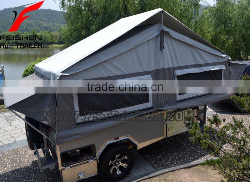 Off-road style foward folding hard floor travel camper trailer with independent suspension and kitchen system