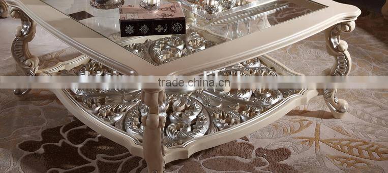 Luxury white color solid wood hand carved living room furniture glass top square coffee table