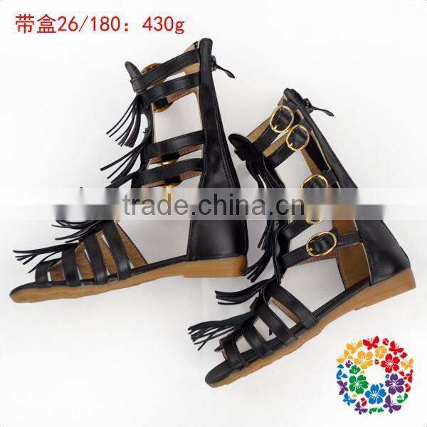 Children Summer Fashion Flat High Tassel Fringe White And Black Leather Sandal