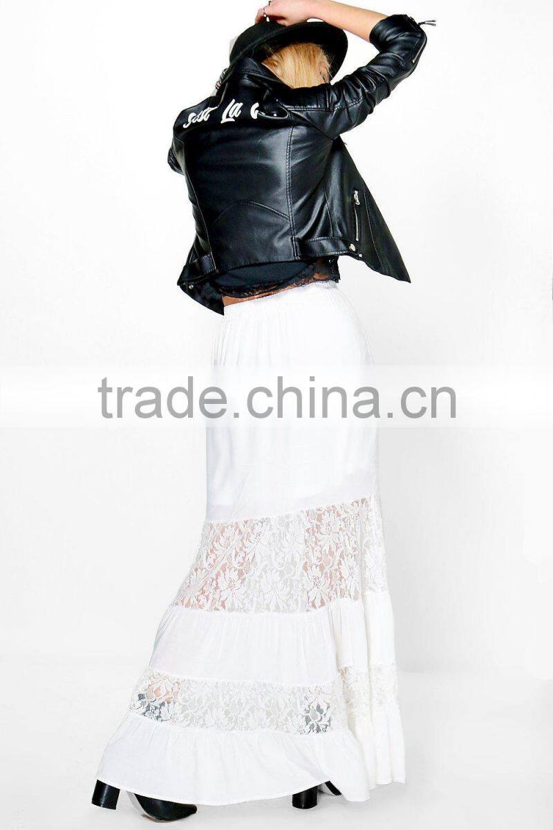 Party Wear Long Tiered Dance Skirts Lace Panelled Tassel Tie Bohemian Maxi Skirts Wholesale