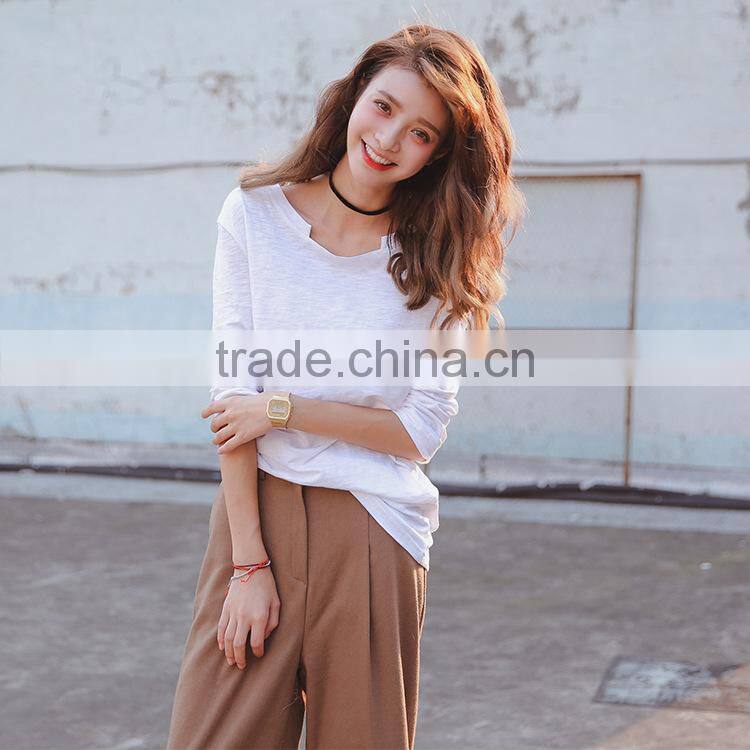 Wholesale plain cotton curved white long sleeve t shirt women