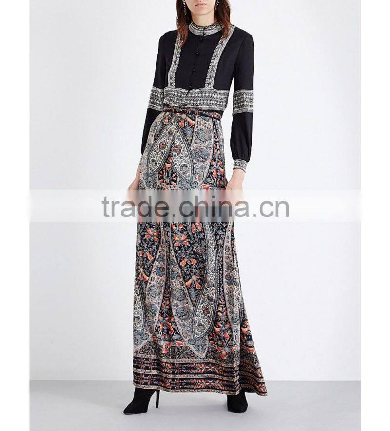 Wholesale Women High Neck Long Sleeves Buttoned Cuffs Geometric Embroidery Crepe Shirt(DQE0163T)