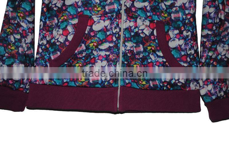 Professional Fleece Wear Manufacturer designs itself full print women's fleece hoody jacket polyester fleece,240g brushed inside