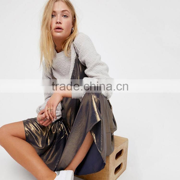 HAODUOYI Fashion Metallic Luster Women Spaghetti Strap Dress Asymmetry Hemline V-neck Backless Ladies Vestidos for Wholesale