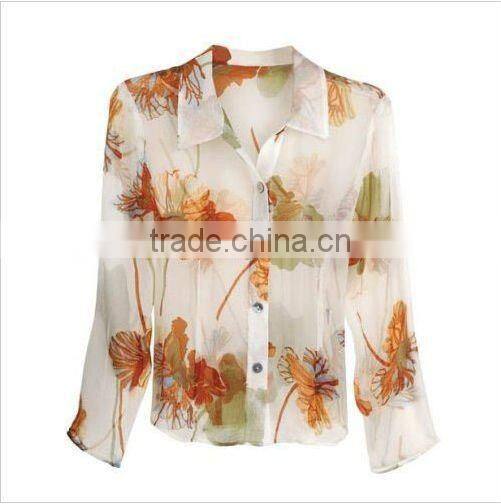 Women Flower Slik Long Sleeves Blouse