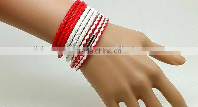 multi strand braided leather bracelet with magnetic clasp, unisex wrap leather bracelet, red-black color leather bracelet