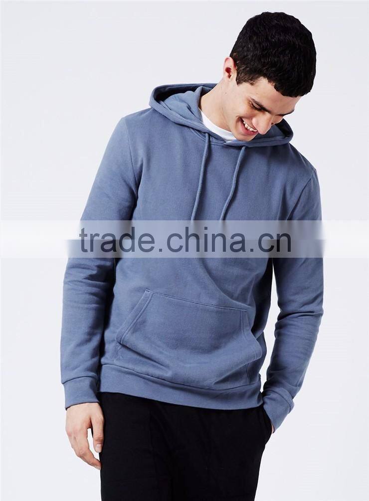 100% Cotton French Terry Men Sweatshirt Pullover Plain Classic Fit Hoodie With Front Pockets Blue