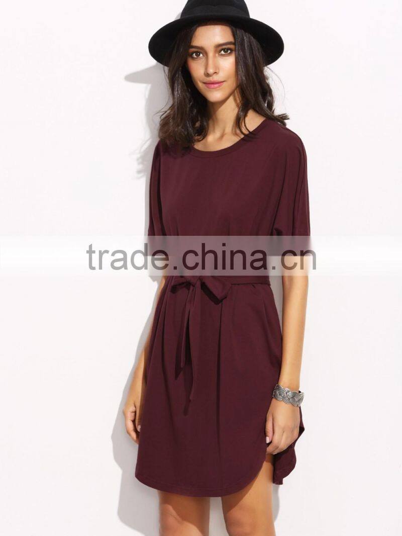 Burgundy Open Shoulder Swing Dress Cotton Polyester Blend Long Sleeve Casual Dress