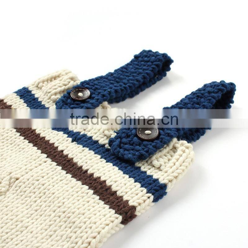 2pcs Set Baby Photography Prop Crochet Knit Boy Stripe Hat Pants Overalls