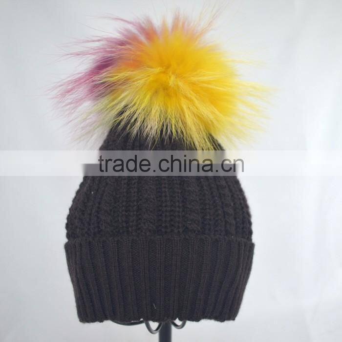 Myfur Black Color Unisex Winter Woolen Beanie with Fur Pompom Top