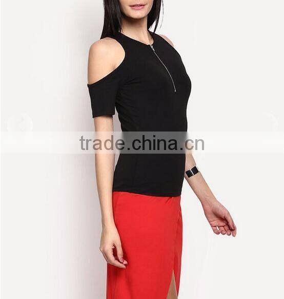 Blank cold shoulder t-shirt women clothes fittes zipper up t shirt