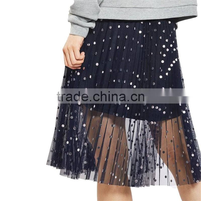 2017 OEM Spring Knee Length Navy Blue Foil Spotted Sequin Skirt
