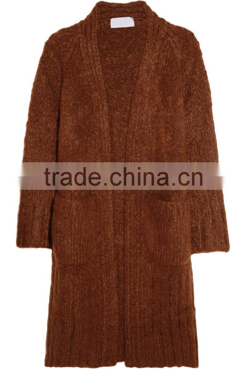 Knitwear Cardigan Manufacturers for Customed High Quality Dark Khaki Colored Cashmere Open Front Cardigan for Women