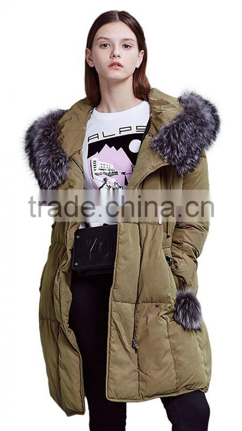 Women's green loose fit zipper-up down jacket/coat/wear with fur collar