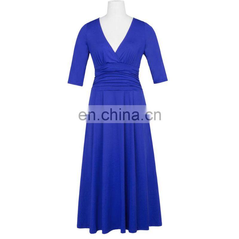 Hanna Nikole Women's Solid Color Plus Size 3/4 Sleeve V-Neck Blue Evening Party Dress HN0023-3