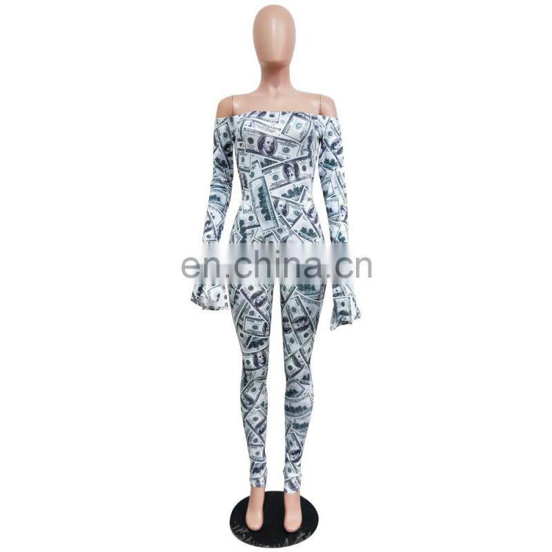 Hot Sale Women Adult Horn Sleeve Animal USD Dollar Print Tight Brazilian Sexy Club wear Bodysuit Jumpsuit