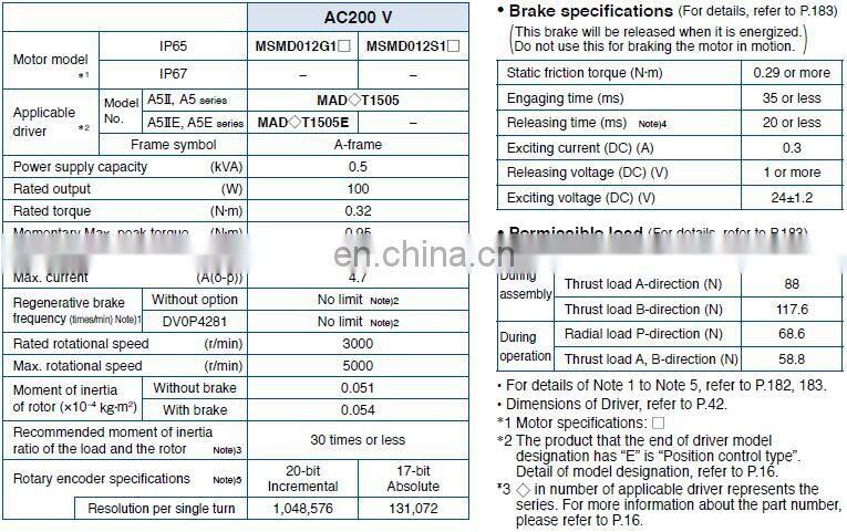 High quality ac servo motor Panasonic 100W MSMD012G1U + MADHT1505E