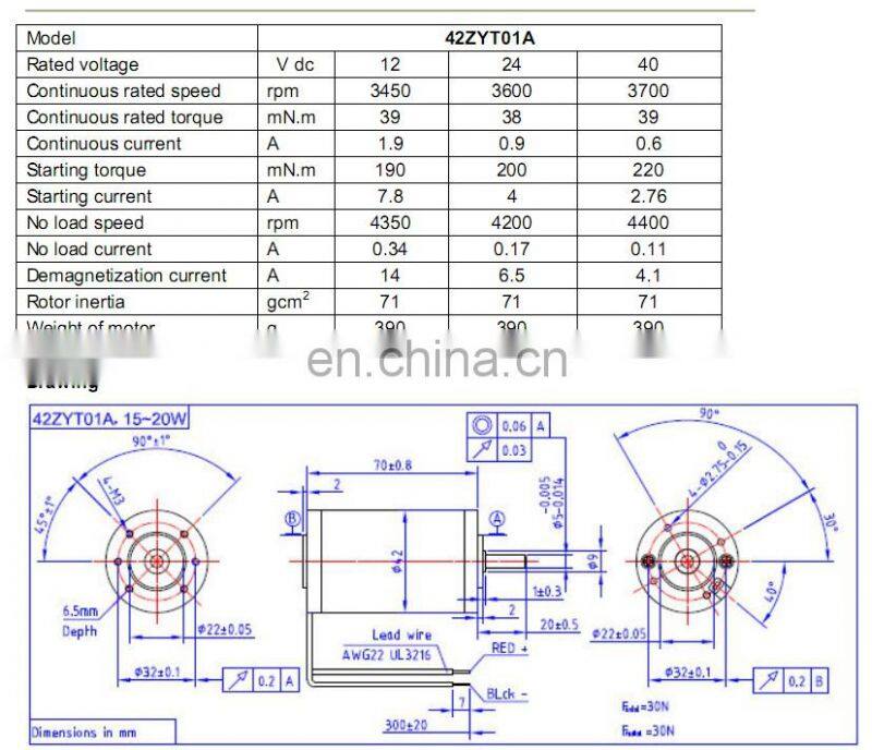 42zyt01a 12v 24v 15 watt dc motor permanent magnet 39mNm 3600rpm rated