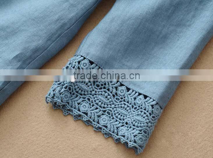 ladies' soft linen shirt plain dye fabric blouse long sleeve lace ornament top