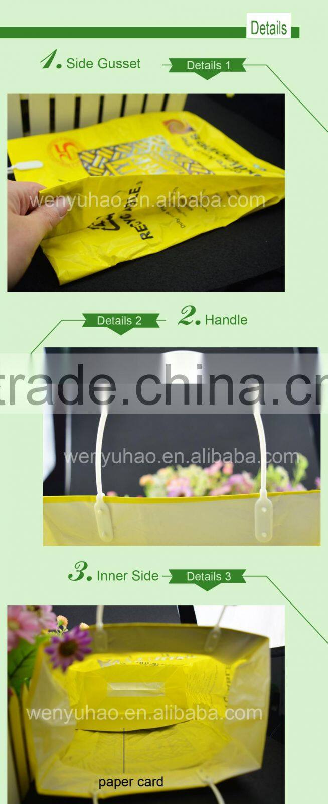 shopping plastic handle bag , yellow printing square bottom side gusset plastic bag with paper card