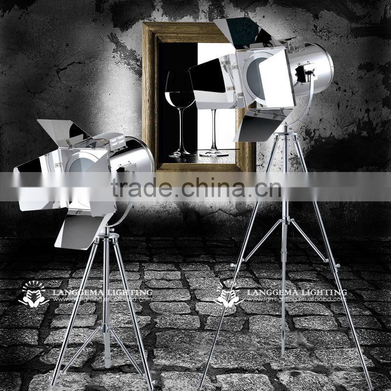 Black marine floor lamp with stainless steel shade and beech wood base