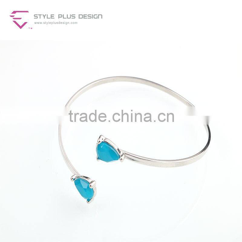 G69637K04 STYLE PLUS gold plate thin alloy open bracelet with blue stone two ends fashion blue emerald stone bangle