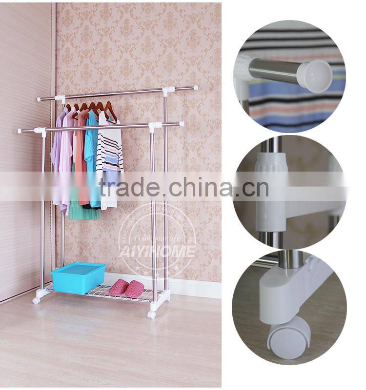 Double pole portable and telescopic indoor multipurpose clothes hanging rack
