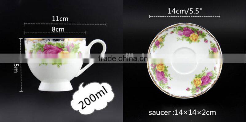 With Flower Decal Round Shape Porcelain Cup 200ml Bone China Coffee Cup with Saucer