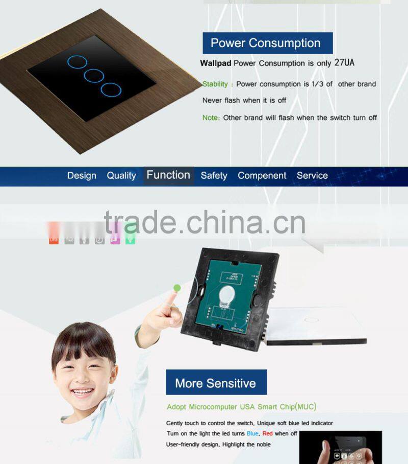 CE Approved Wallpad 86 Standard Brown Brushed Metal Frame LED BackLight 1Gang Touch Light Switch