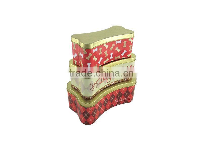 bone-shaped tin box, dog food tin, cat food box