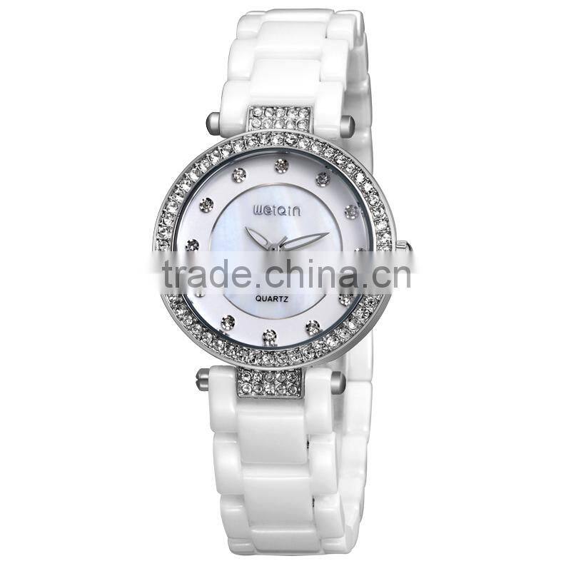 2015 fashion women diamonds sapphire crystal white ceramic watch