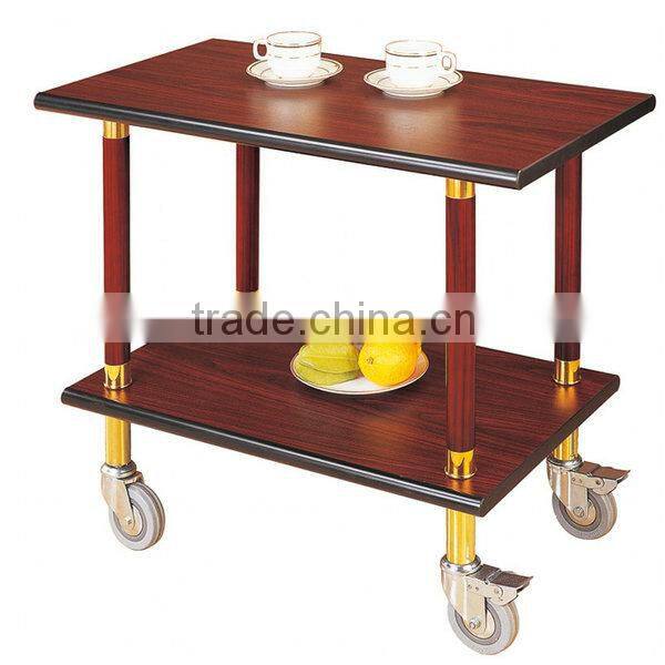 3 Layer Hotel Wood Food Service Handle Cart with Wheels/Coffee & Beverage Trolley