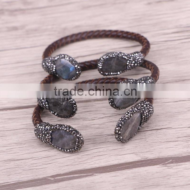 Natural Freshwater Pearl / Tiger Eye / Amethyst / Labradorite Stone Bangle Bracelet, Leather Cord DruzyJewelry Cuff Bangle