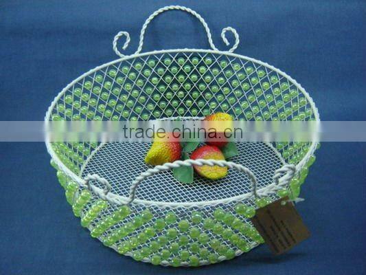 Round wire decorative with green pearl fruit handle basket