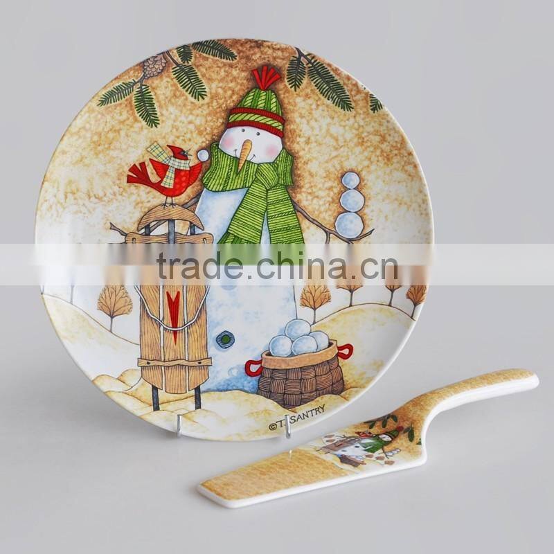 Porcelain Christmas cake plate with server, X'mas design promotional plate