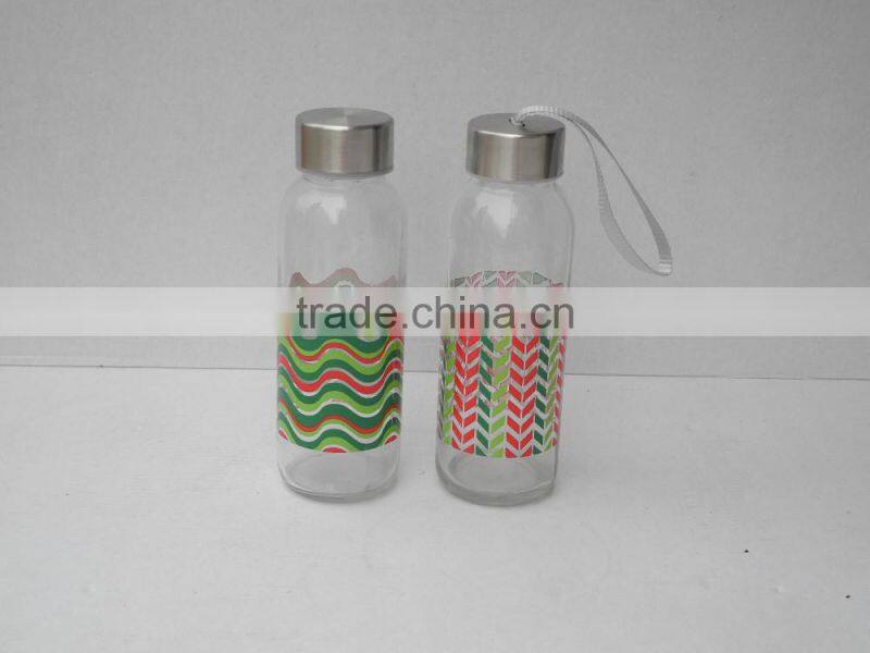 cheap clear glass water traveling bottle with handle and metal lid