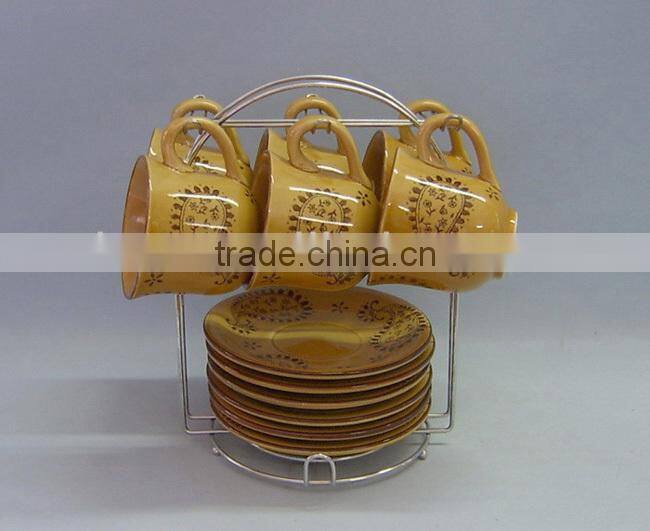 Set of 6 hand printing ceramic tea mug set with rack