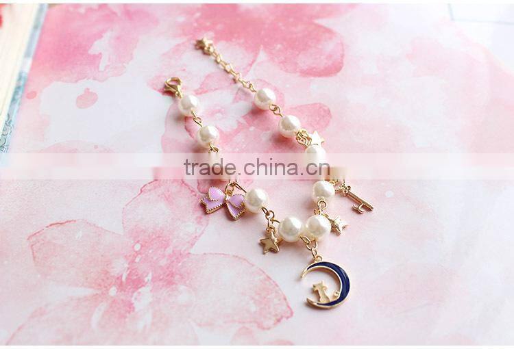 gold cat moon star enamel bowknot heart shape key charms bracelet pearl bead linked bracelet