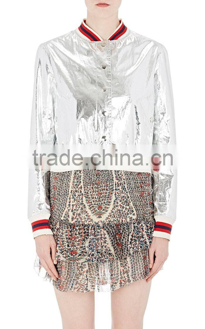 oem long sleeves available in silver dry clean shiny silver women jacket