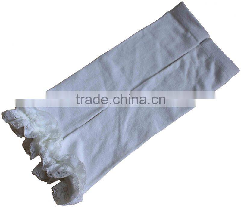 White color knit leg warmers with lace at the top