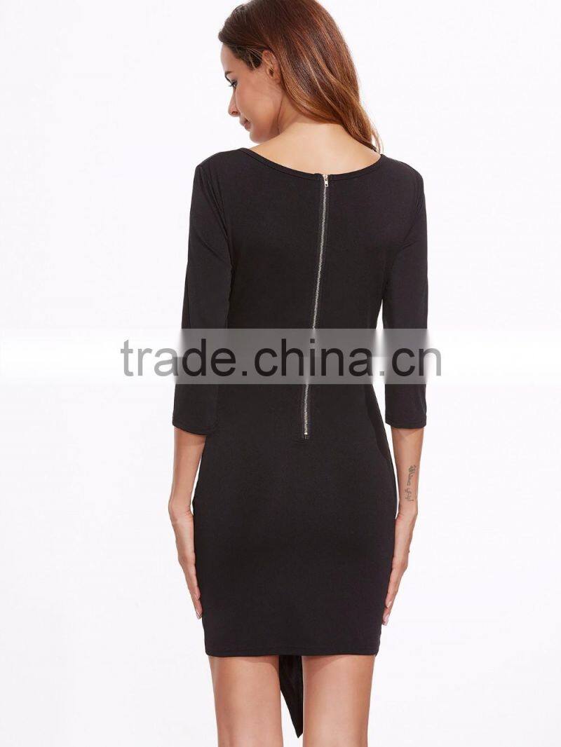 Black Asymmetric Hem Zipper Back Sheath Dress 3/4 Sleeve Cotton Spandex Casual Plain Tee Dress