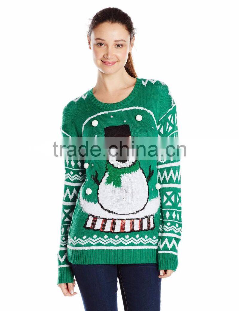 Women Green Sweater Rhinestone Embelished Snow Globe Design Christmas Sweater With Led Light
