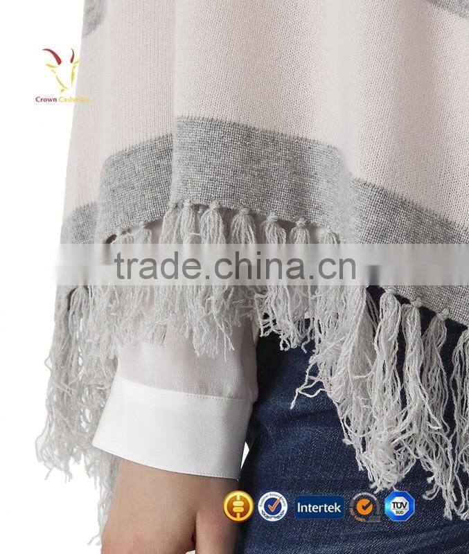 Strips and Tassel Knitted Cashmere Poncho Shawl