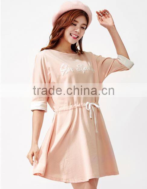 Women sweet pink knitting piece before printing the waist rope bat sleeve dress